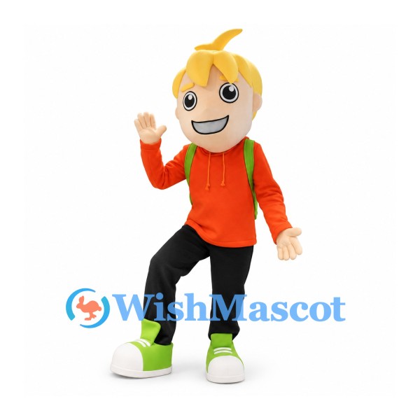 Boy Mascot Costume with Orange Hoodie and Green Backpack