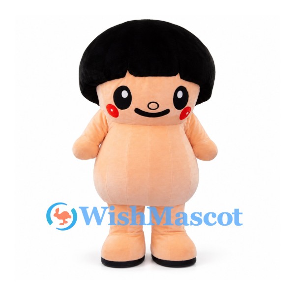 Doll Mascot Costume with Black Bob Hair and Peach Body