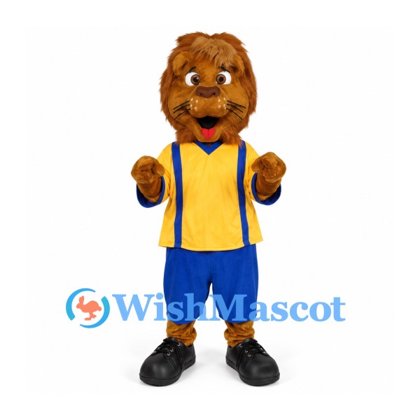 Lion Mascot Costume with Yellow Sports Shirt and Blue Shorts