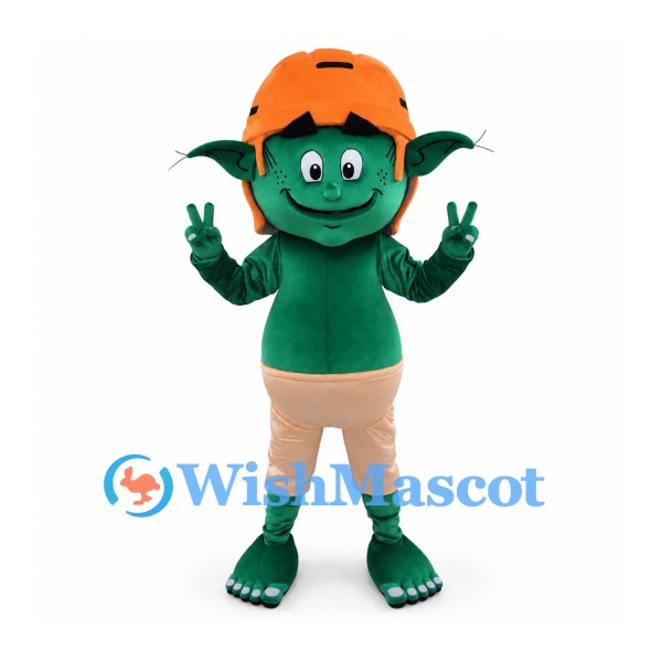 Goblin Mascot Costume in Green with Orange Hard Hat and Beige Shorts