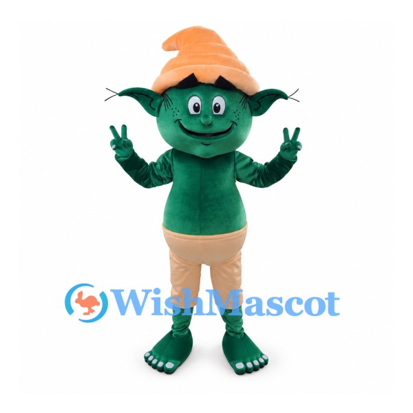 Goblin Mascot Costume in Green with Orange Hat and Beige Shorts