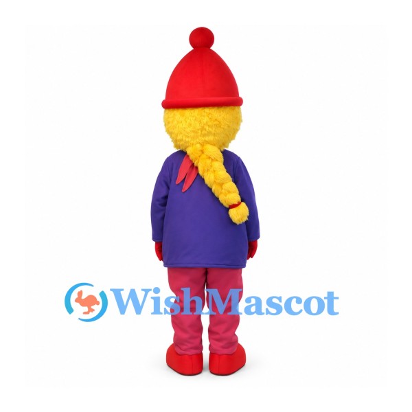 Girl Mascot Costume with Red Knit Hat and Purple Winter Jacket