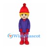 Girl Mascot Costume with Red Knit Hat and Purple Winter Jacket