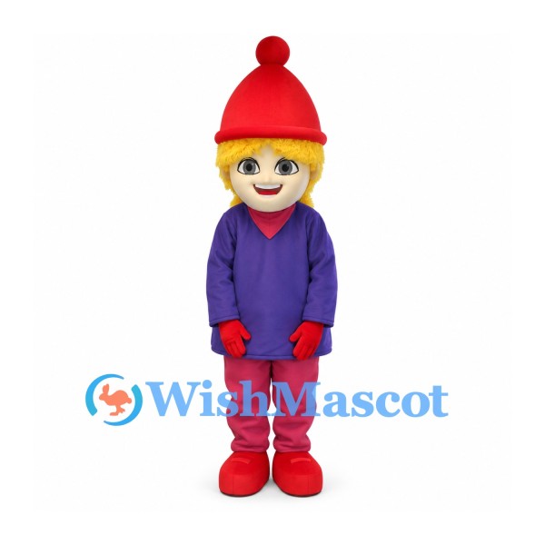 Girl Mascot Costume with Red Knit Hat and Purple Winter Jacket