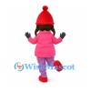 Girl Mascot Costume with Red Knit Hat and Pink Winter Coat