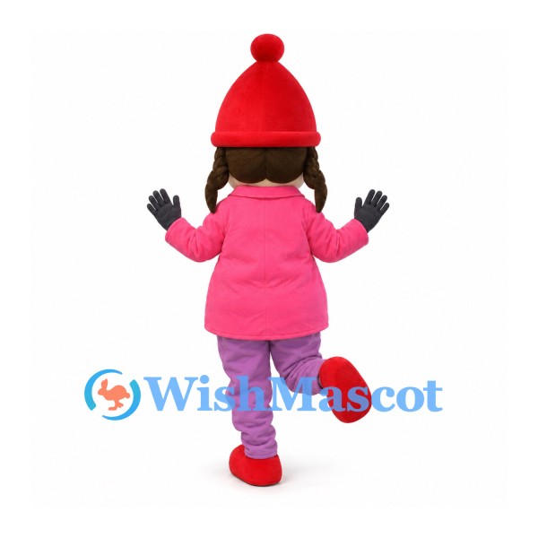 Girl Mascot Costume with Red Knit Hat and Pink Winter Coat