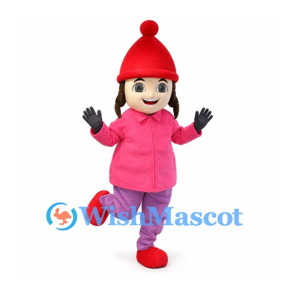 Girl Mascot Costume with Red Knit Hat and Pink Winter Coat
