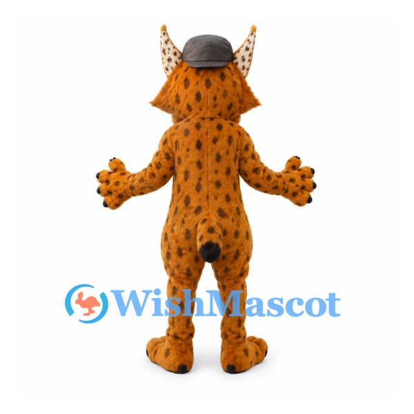 Lynx Mascot Costume with Orange Spotted Body and Gray Cap