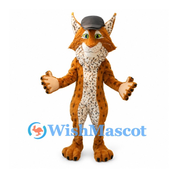 Lynx Mascot Costume with Orange Spotted Body and Gray Cap