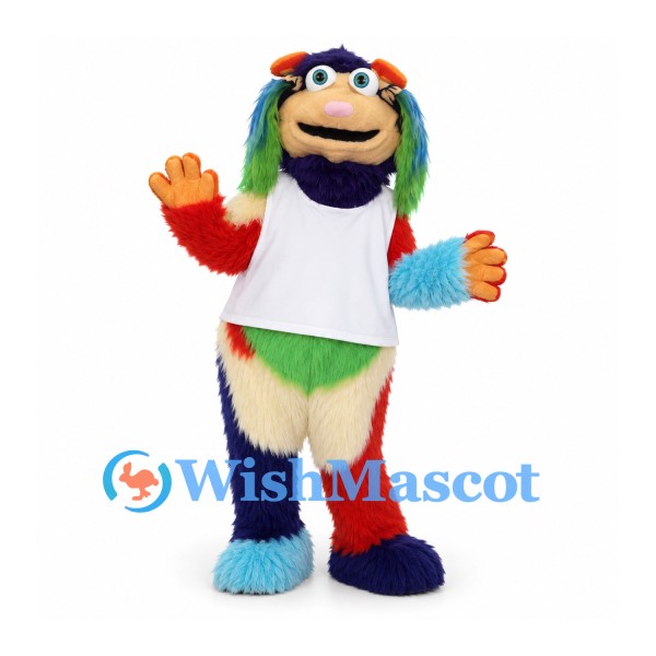 Monster Mascot Costume with Multicolored Fur and White Shirt