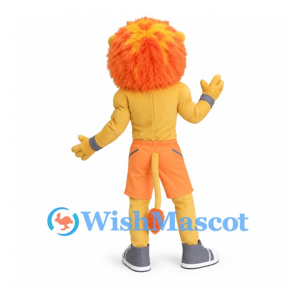 Lion Mascot Costume with Muscular Gold Body and Orange Shorts