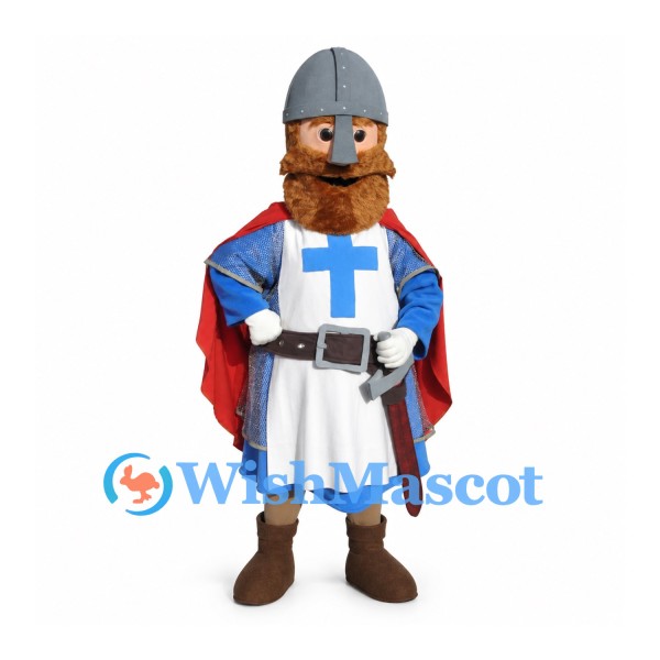 Knight Mascot Costume with Blue Cross Tunic and Red Cape