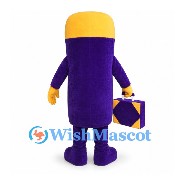 Cylinder Character Mascot Costume in Purple with Yellow Head and Suitcase