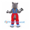 Wolf Mascot Costume in Gray with Red Overalls and Blue Bib