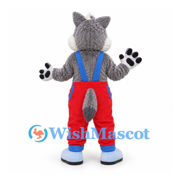 Wolf Mascot Costume in Gray with Red Overalls and Blue Bib