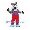 Wolf Mascot Costume in Gray with Red Overalls and Blue Bib