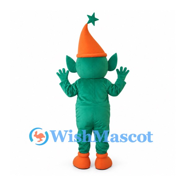 Elf Mascot Costume in Green with Orange Cone Hat and Star