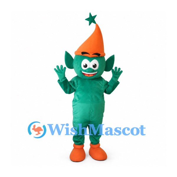 Elf Mascot Costume in Green with Orange Cone Hat and Star
