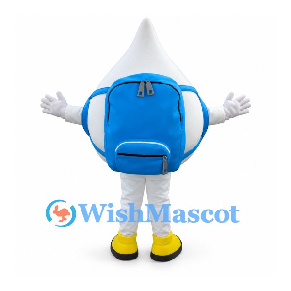 Water Drop Mascot Costume in White with Blue Backpack