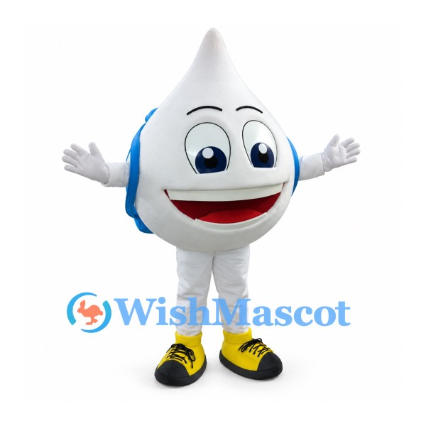 Water Drop Mascot Costume in White with Blue Backpack