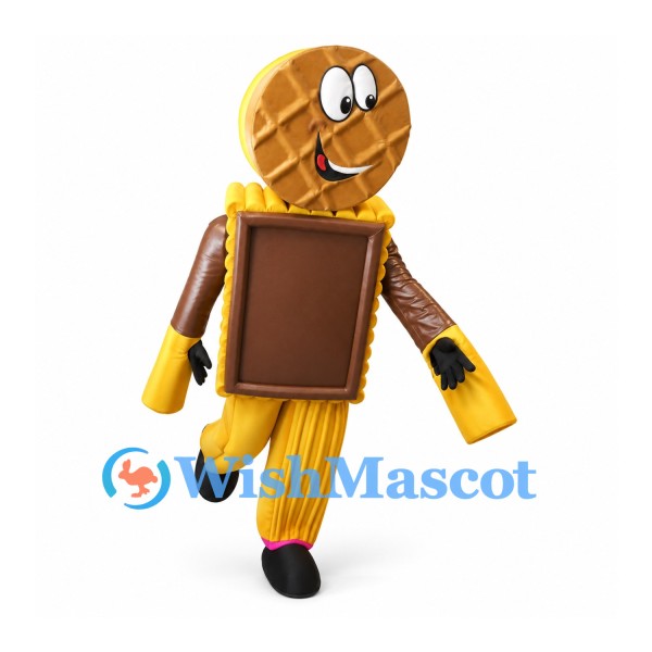 Waffle Mascot Costume with Chocolate Panel and Yellow Striped Pants