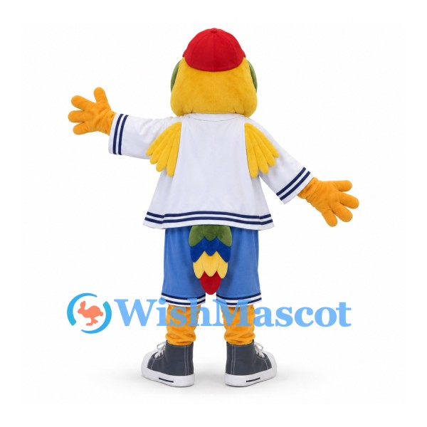 Parrot Mascot Costume with White Sailor Shirt and Blue Shorts