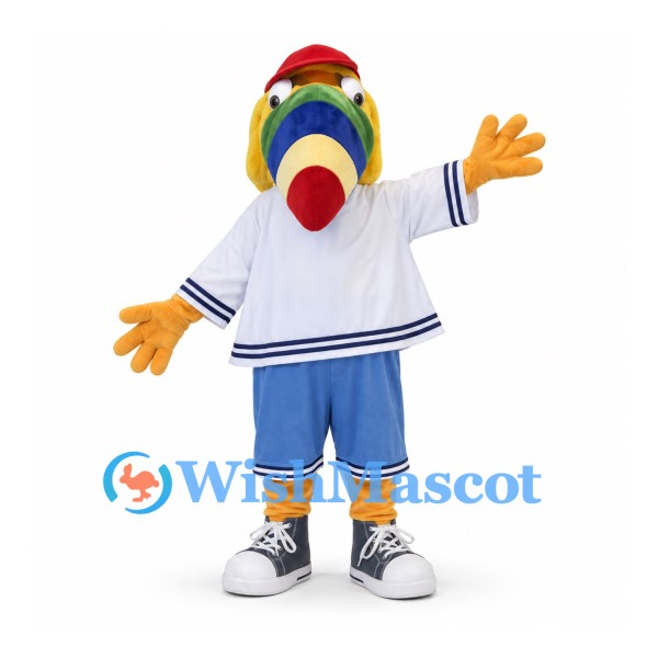 Parrot Mascot Costume with White Sailor Shirt and Blue Shorts