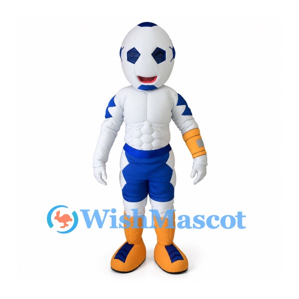 Soccer Ball Mascot Costume with Muscular White Body and Blue Shorts