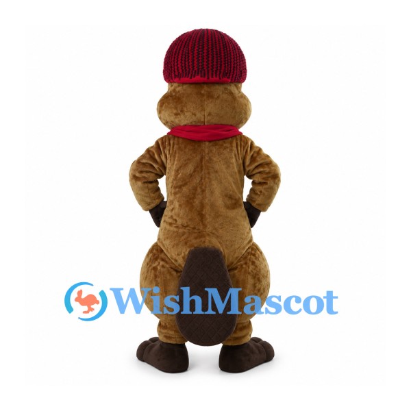 Beaver Mascot Costume with Red Knit Cap and Red Scarf