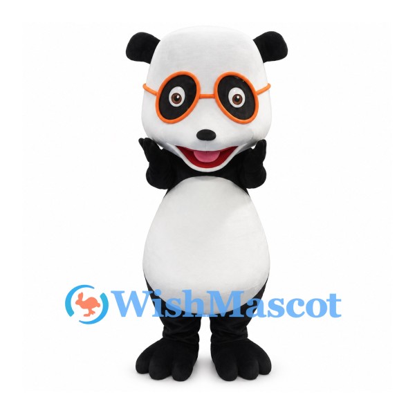 Panda Mascot Costume with Orange Glasses and Black Bow Tie