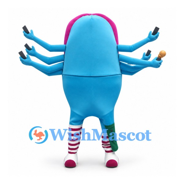 Spider Mascot Costume in Blue with Pink Mouth and Multiple Arms