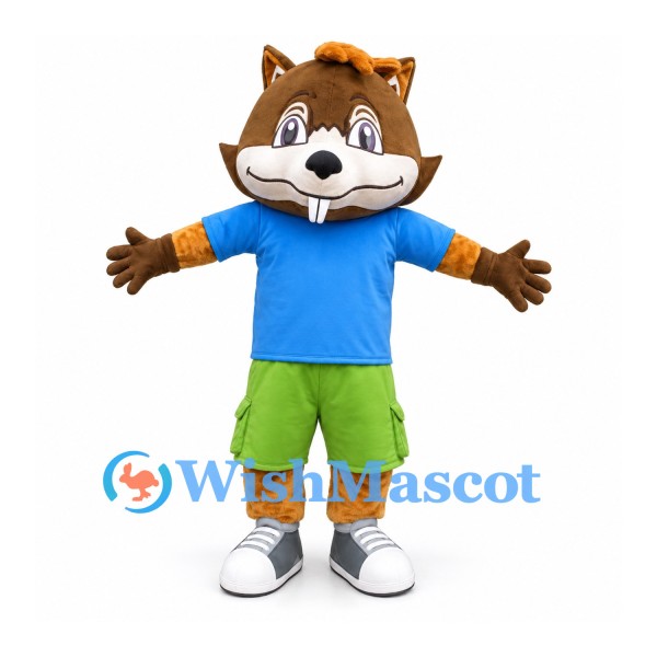 Squirrel Mascot Costume with Blue Shirt and Green Shorts