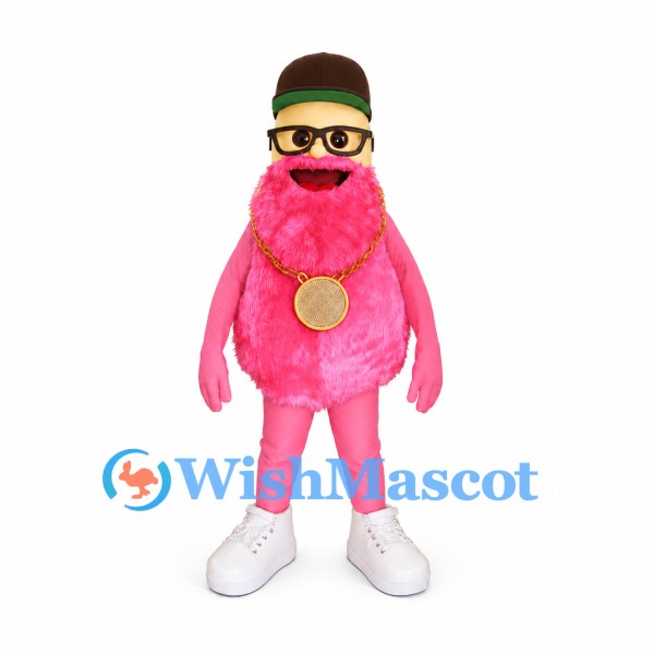 Monster Mascot Costume in Pink with Black Glasses and Gold Medal
