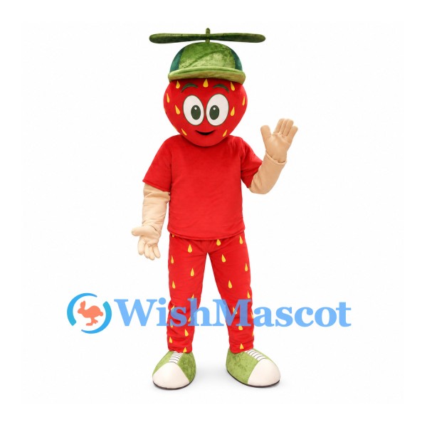 Strawberry Mascot Costume with Red Shirt and Strawberry Print Pants