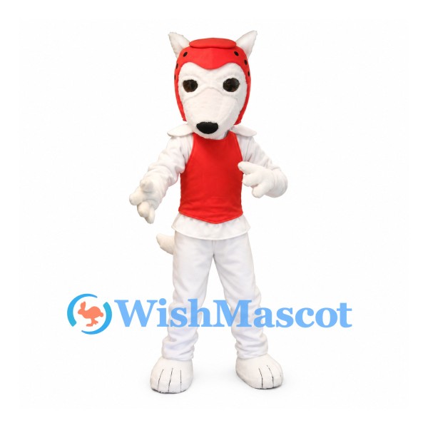Dog Mascot Costume in White with Red Sports Helmet and Vest
