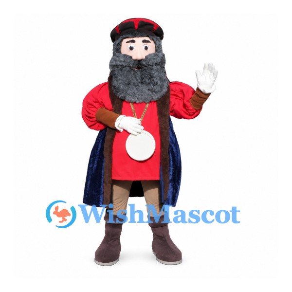 Man Mascot Costume with Long Black Beard and Red Medieval Robe