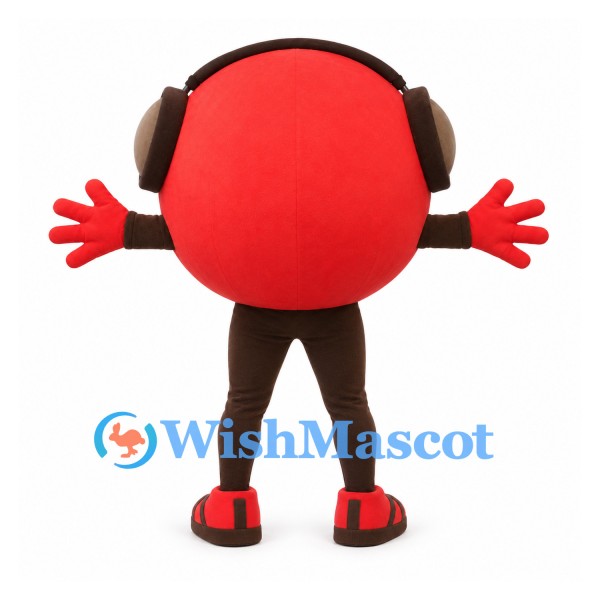 Smiley Face Mascot Costume in Red with Black Headphones