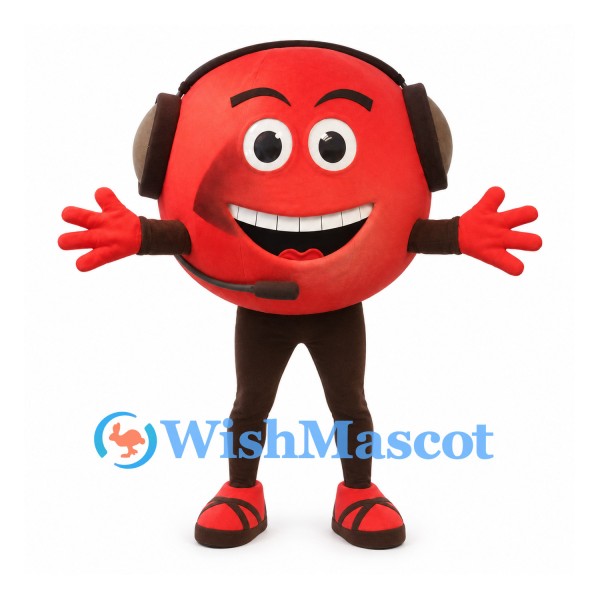 Smiley Face Mascot Costume in Red with Black Headphones