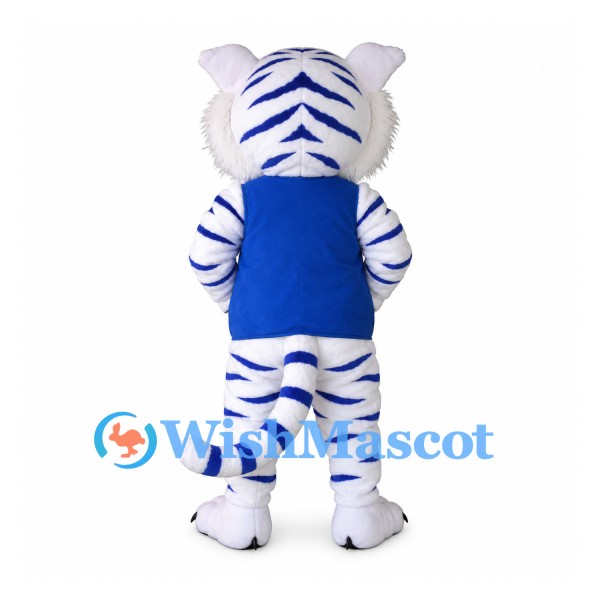 Tiger Mascot Costume in White and Blue with Blue Vest