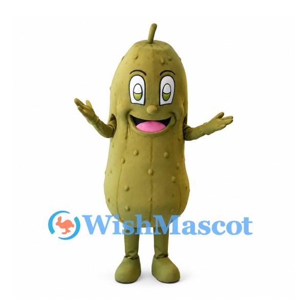 Pickle Mascot Costume in Olive Green with Raised Bumps and Smiling Face