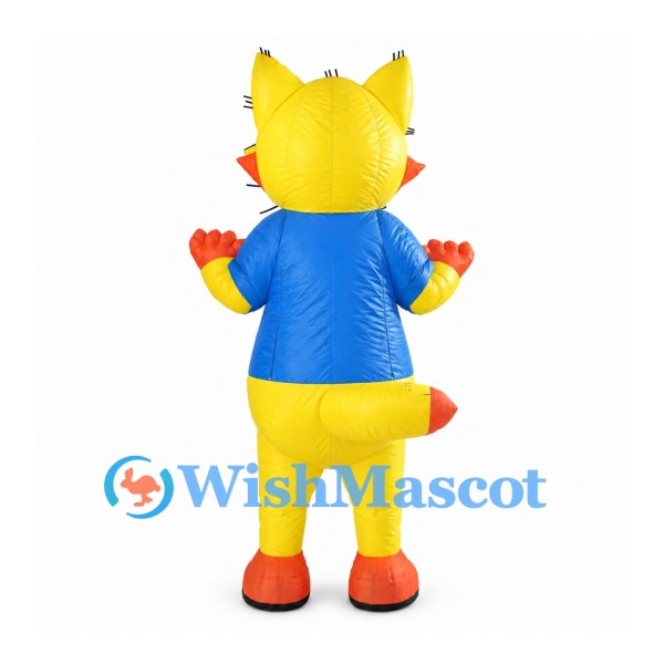 Cat Mascot Costume in Yellow with Blue Shirt and Orange Paws