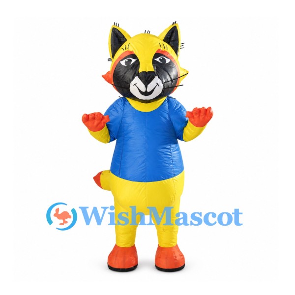 Cat Mascot Costume in Yellow with Blue Shirt and Orange Paws