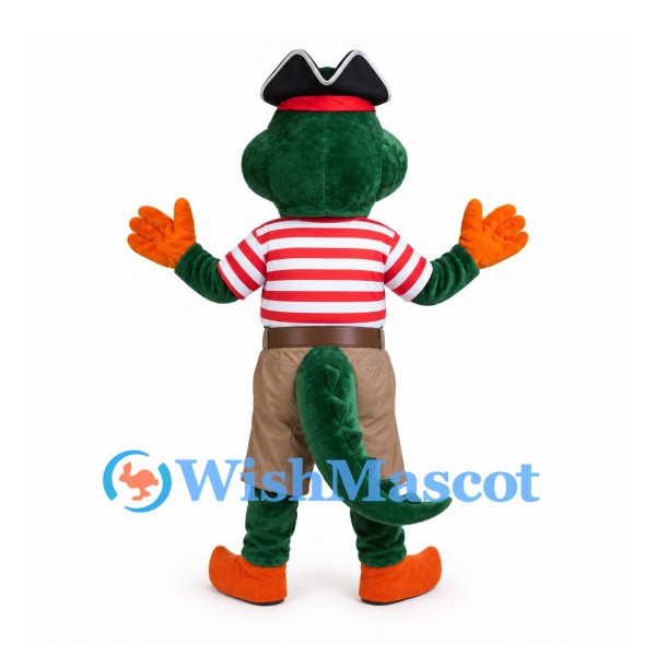 Crocodile Mascot Costume with Pirate Hat and Red Striped Shirt