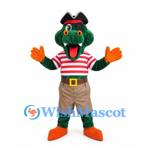 Crocodile Mascot Costume with Pirate Hat and Red Striped Shirt
