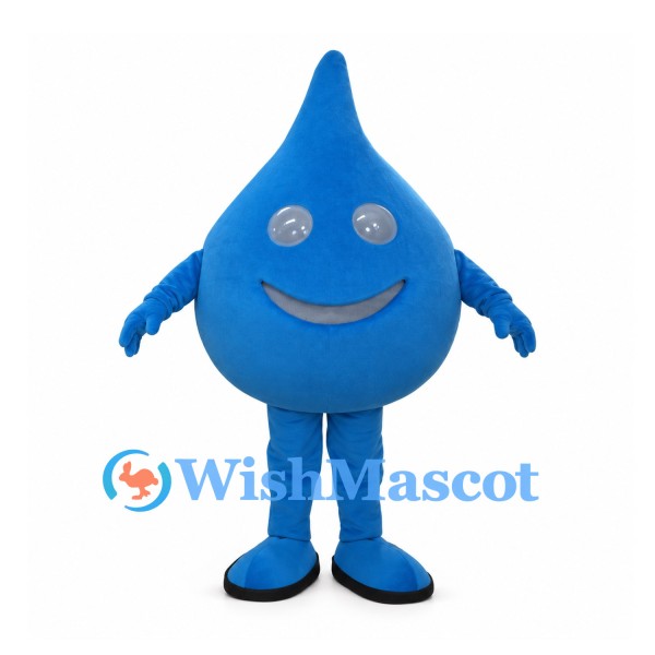 Water Drop Mascot Costume in Blue with Smiling Face