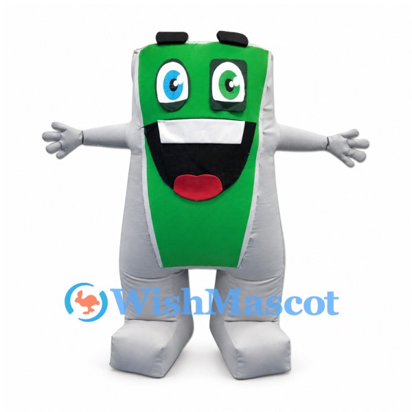 Battery Mascot Costume with Silver Body and Green Face