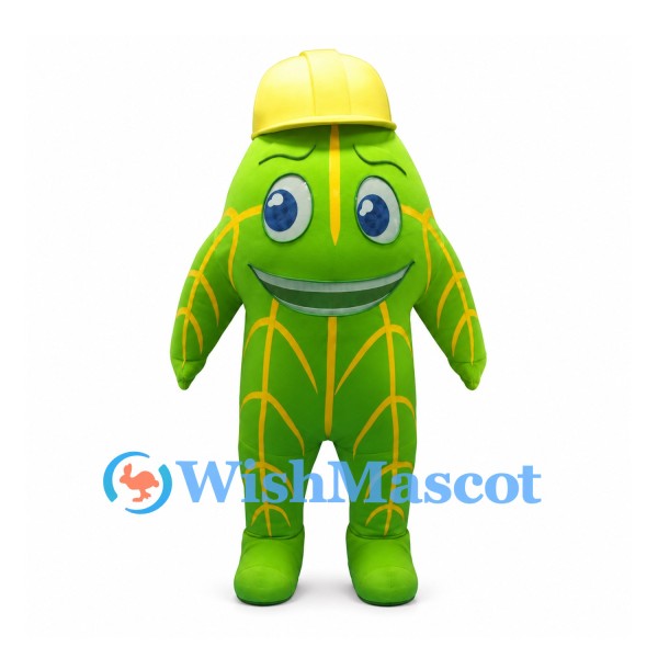 Leaf Mascot Costume in Green with Yellow Hard Hat