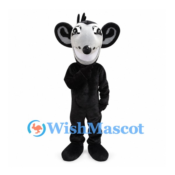 Rat Mascot Costume in Black with White Face and Large Round Ears