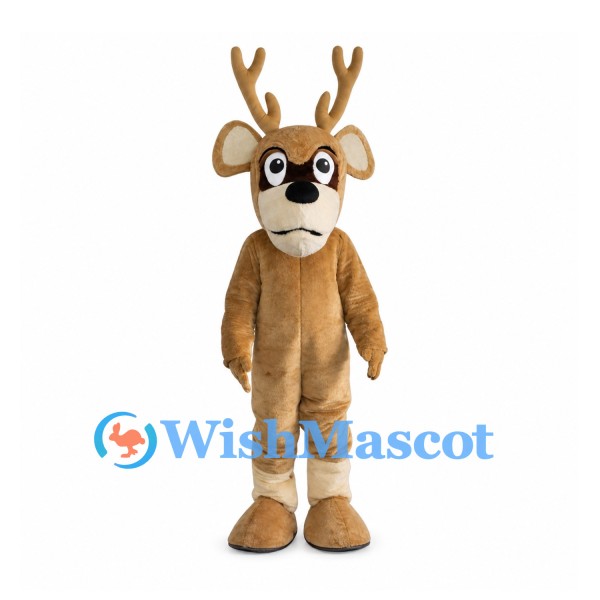 Deer Mascot Costume in Tan with Large Dark Eyes and Antlers