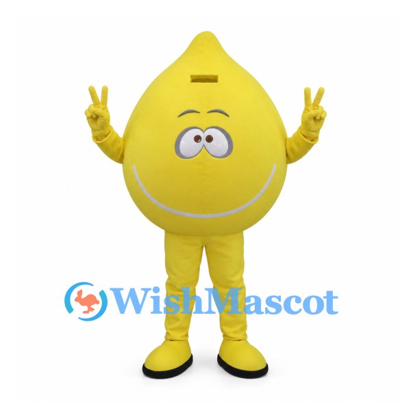 Water Drop Mascot Costume in Yellow with Smiling Face